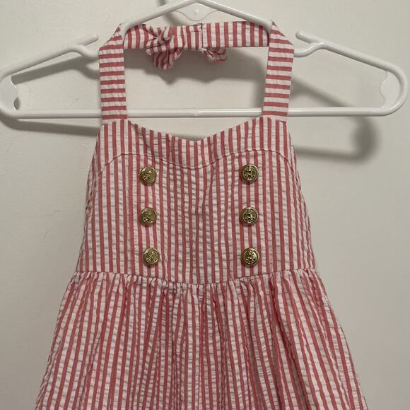 Janie And Jack Nautical Seersucker Smocked Striped Halter Sundress Size 3-6M - Picture 2 of 10